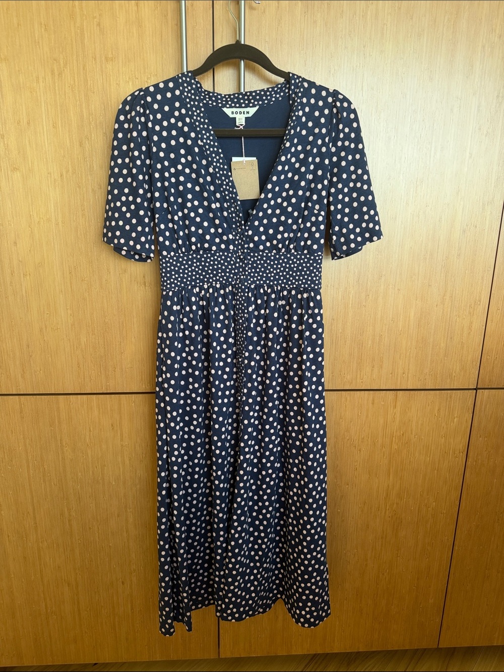 Boden Navy and White Polka Dot V‑Neck Midi Dress